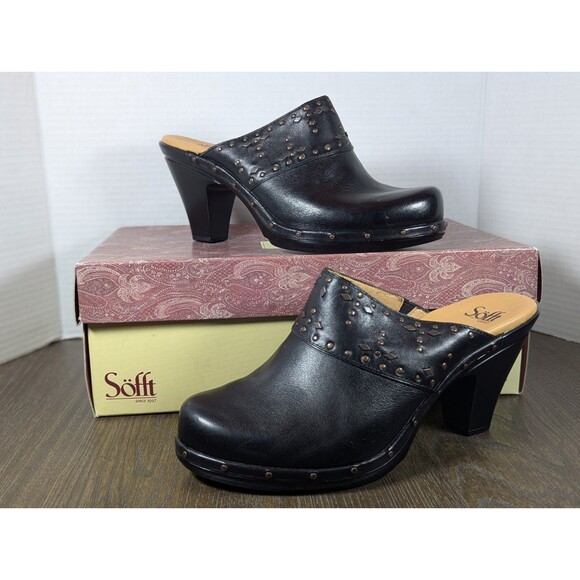 NIB Sofft Leather Heel Clogs Mules Womens 10W Black Studded Slip-On Western - Picture 1 of 14